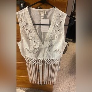 White Embroidered Crochet Fringe Vest